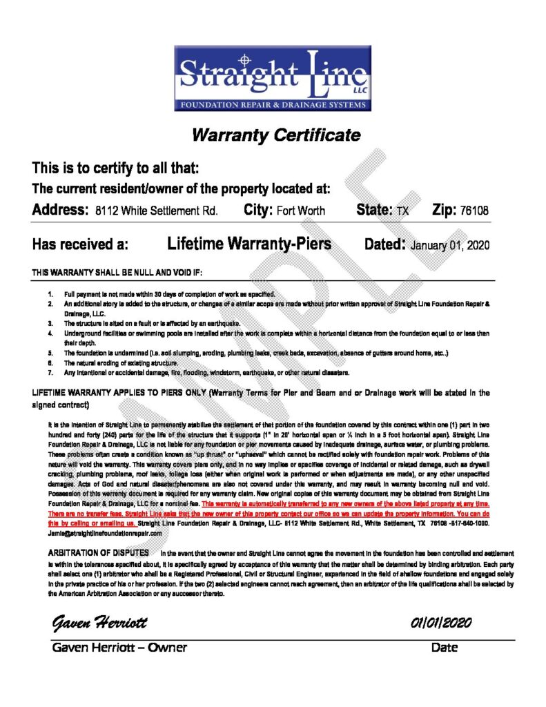 Preview of a Straight Line warranty sample
